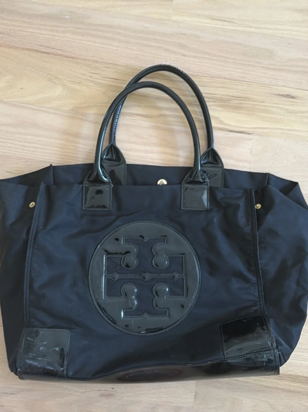 Tory Burch Black Nylon Tote with Patent Logo Trim
